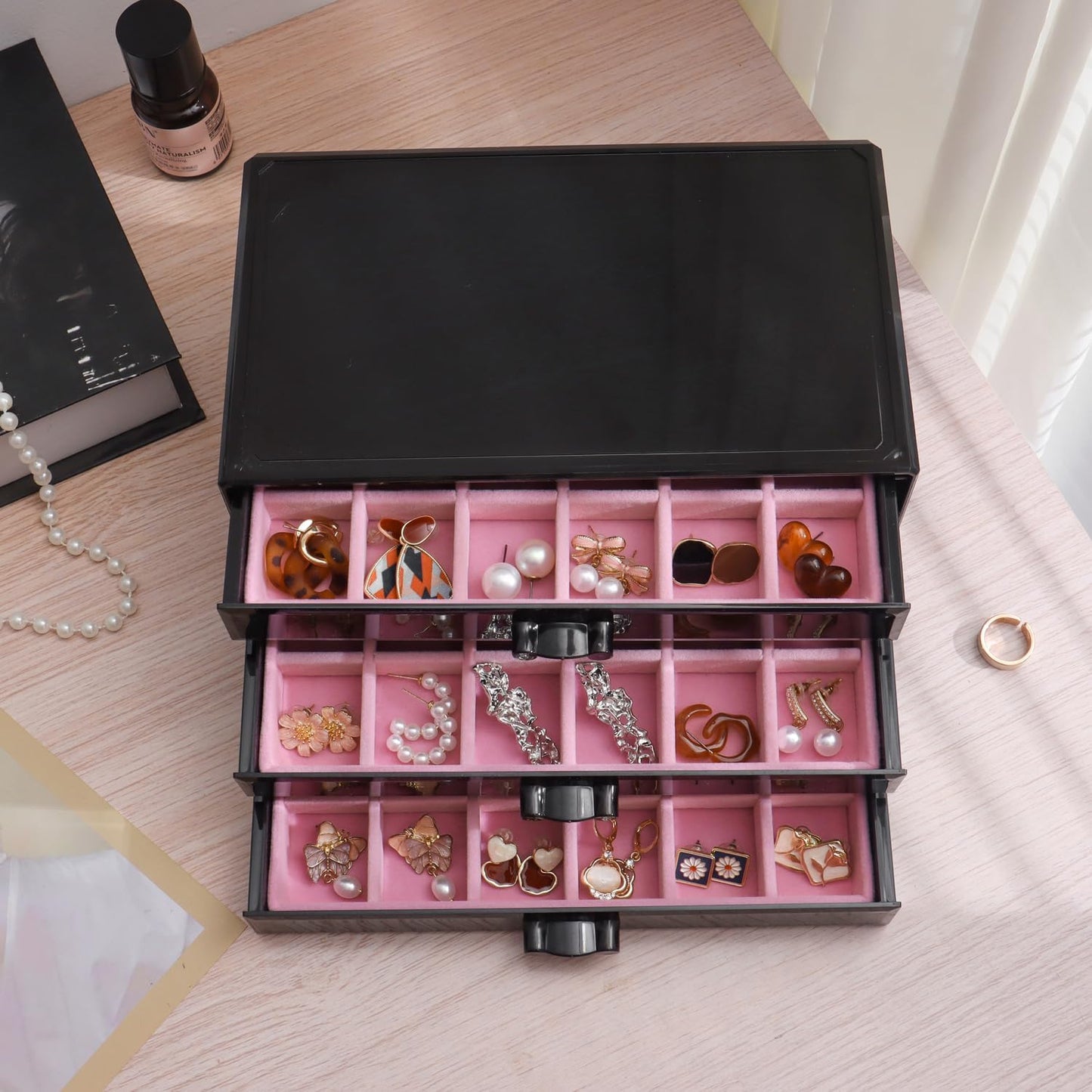 YUFONG Earring Organizer Box Acrylic Jewelry Organizer with 3 Drawers 54 Adjustable Grids Clear Stackable Earring Holder Velvet Trays Ring Display Case for Women Girls (Beige)