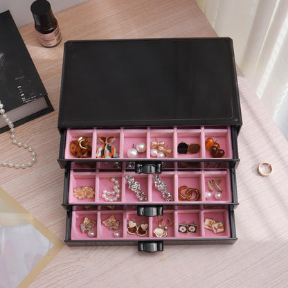 YUFONG Earring Organizer Box Acrylic Jewelry Organizer with 3 Drawers 54 Adjustable Grids Clear Stackable Earring Holder Velvet Trays Ring Display Case for Women Girls (Beige)