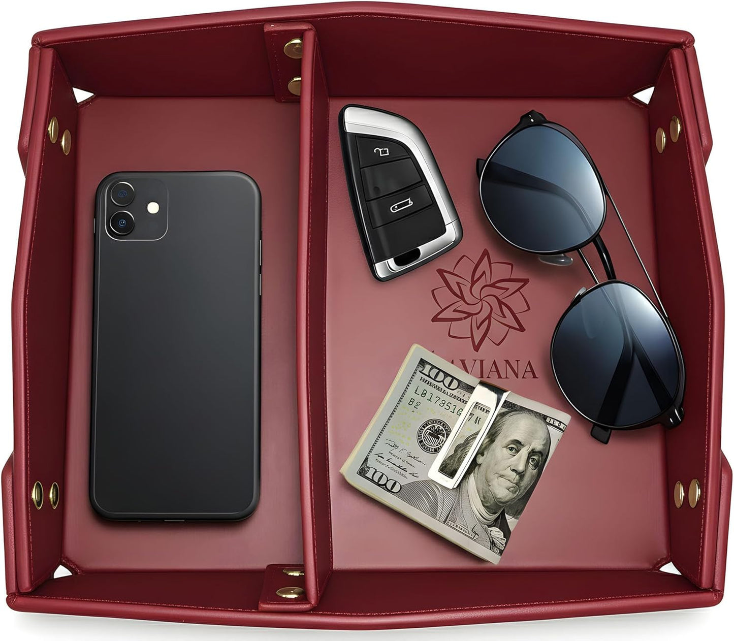 Valet Tray Organizer for Men & Women - PU Leather Catch All Tray with Removable Divider - EDC Storage for Keys, Watch, Phone - Nightstand, Dresser & Desk Organizer - Pacific Navy