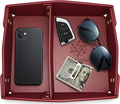 Valet Tray Organizer for Men & Women - PU Leather Catch All Tray with Removable Divider - EDC Storage for Keys, Watch, Phone - Nightstand, Dresser & Desk Organizer - Pacific Navy