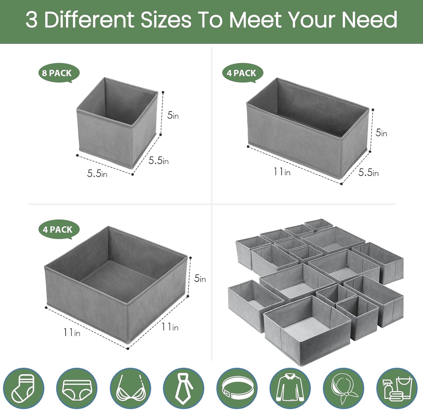 Criusia Drawer Organizer Clothes, 8 Pack Underwear Organizer, Foldable Closet Organizers and Storage Dresser Dividers for Clothes, Socks, Scarves, Ties (Gray)