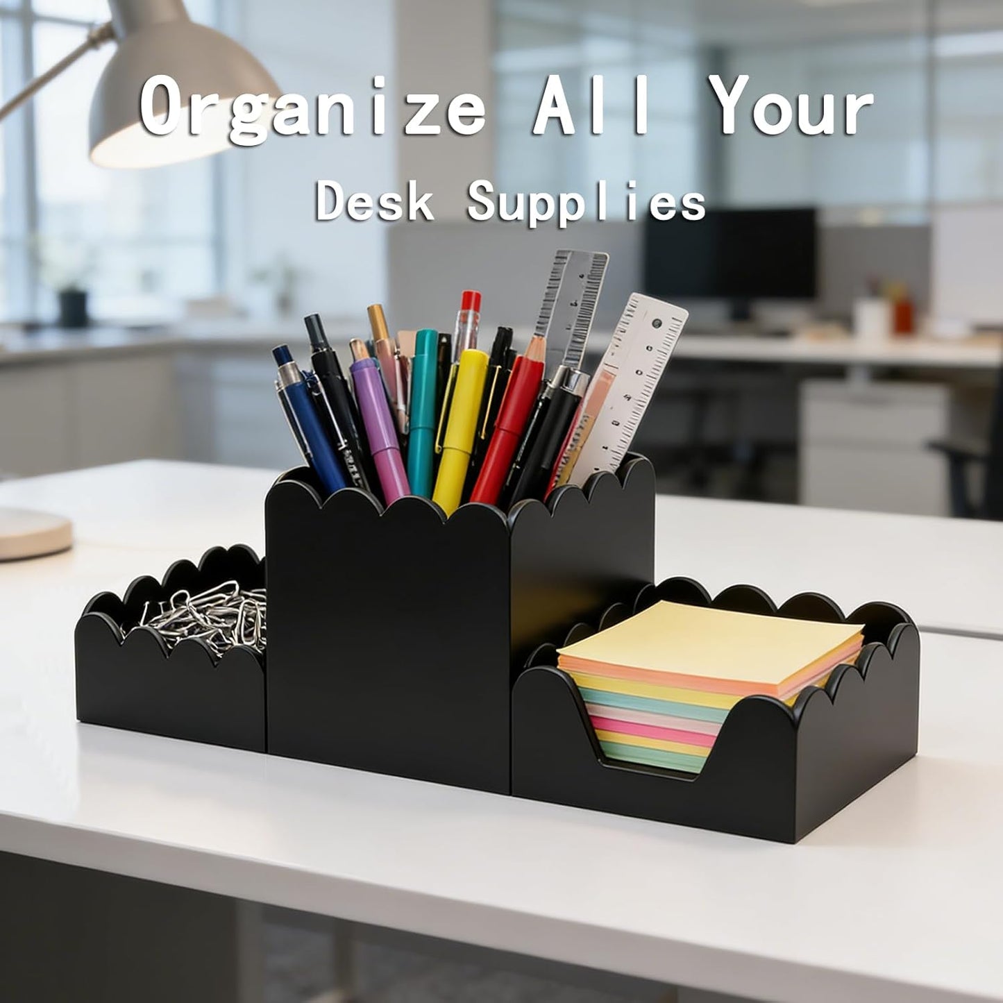 YAGELI Black Acrylic Desk Organizer Set of 3, Magnetic Modular Pen Holder with Sticky Notes & Paperclip Tray, Aesthetic Desk Accessories for Home Office & Minimalist Decor