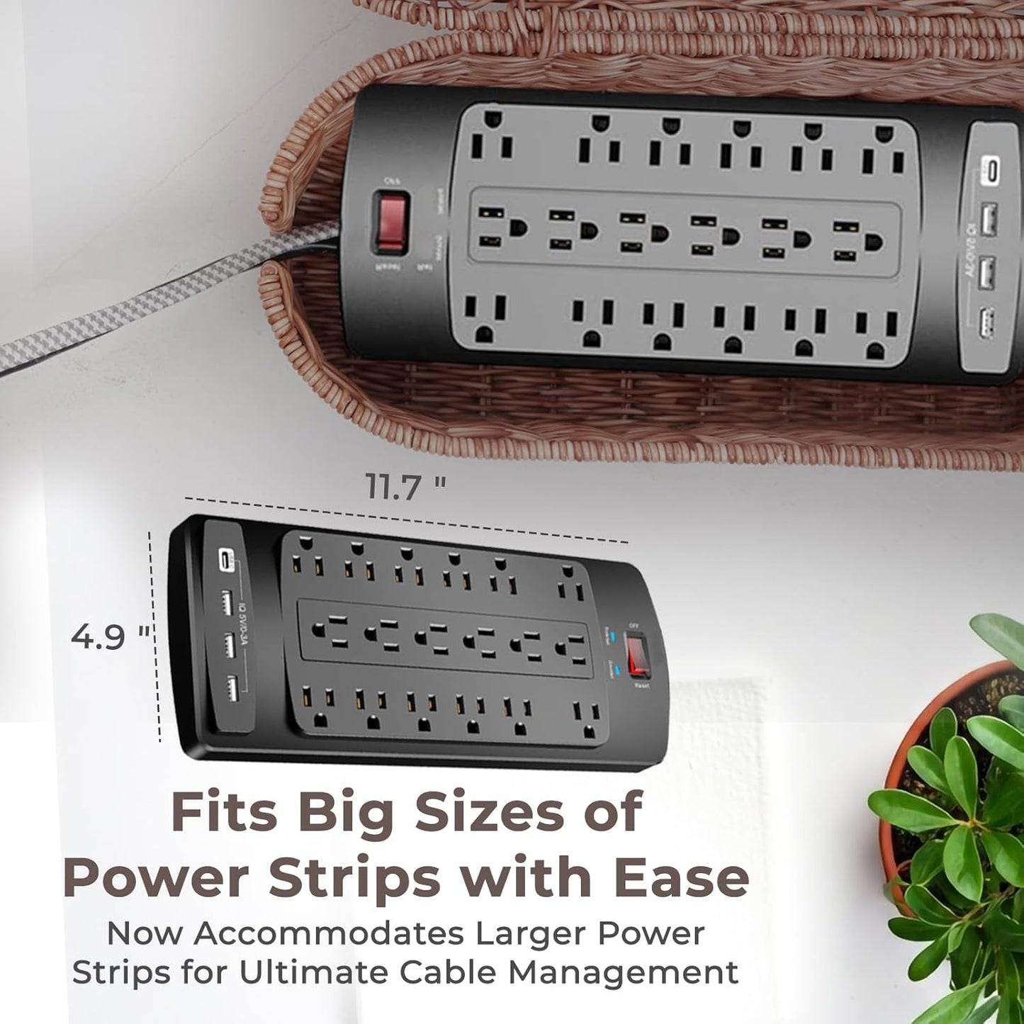 Cable Management Box, Handmade Rattan Cable Organizer with 2 Open Slots, Cord Hider for Power Strip, Router & USB Hub, Registered U.S. Design Patent (D1,112,102), 13" x 5.1" x 5.1", Natural