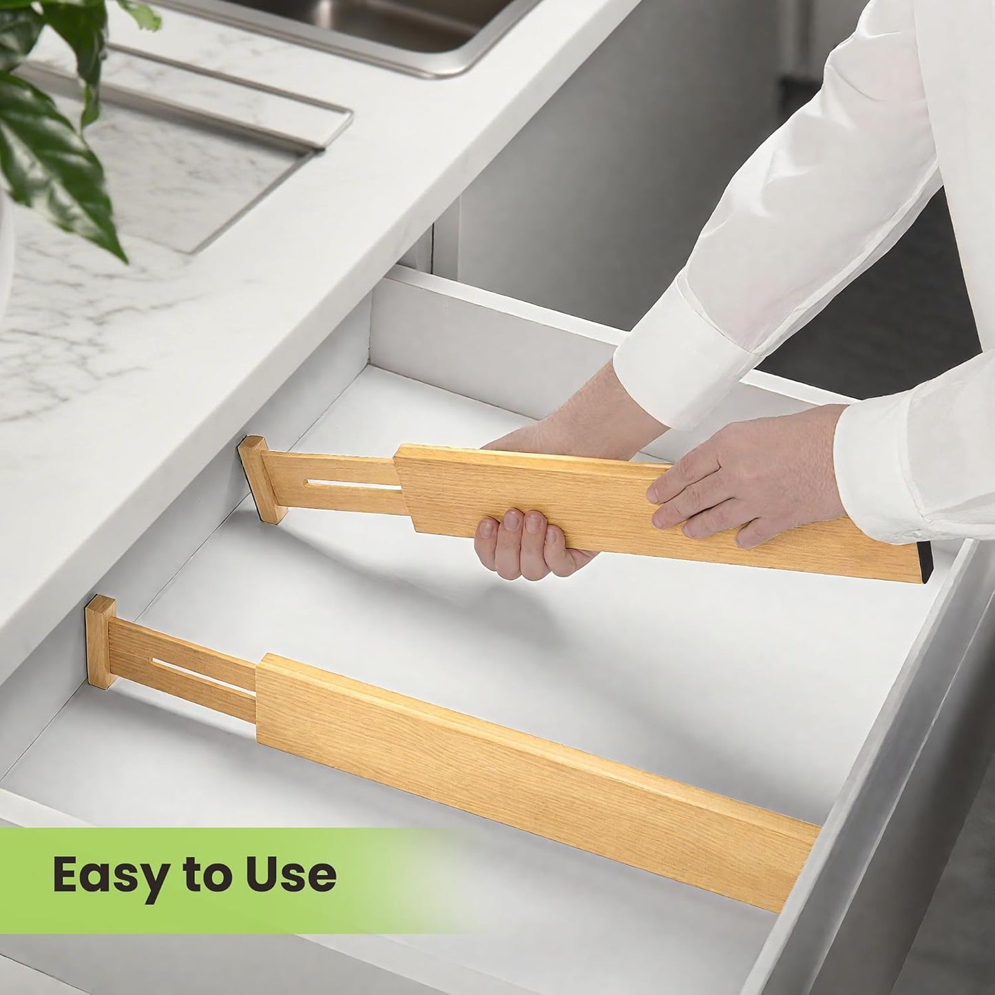 Fyvva Drawer Divider, Adjustable Bamboo Kitchen Drawer Organizer, Spring Loaded Drawer Organizer, Dresser Separators for Kitchen, Bathroom, Clothes, Office Desk Storage (Natural, 4 Pack Large)
