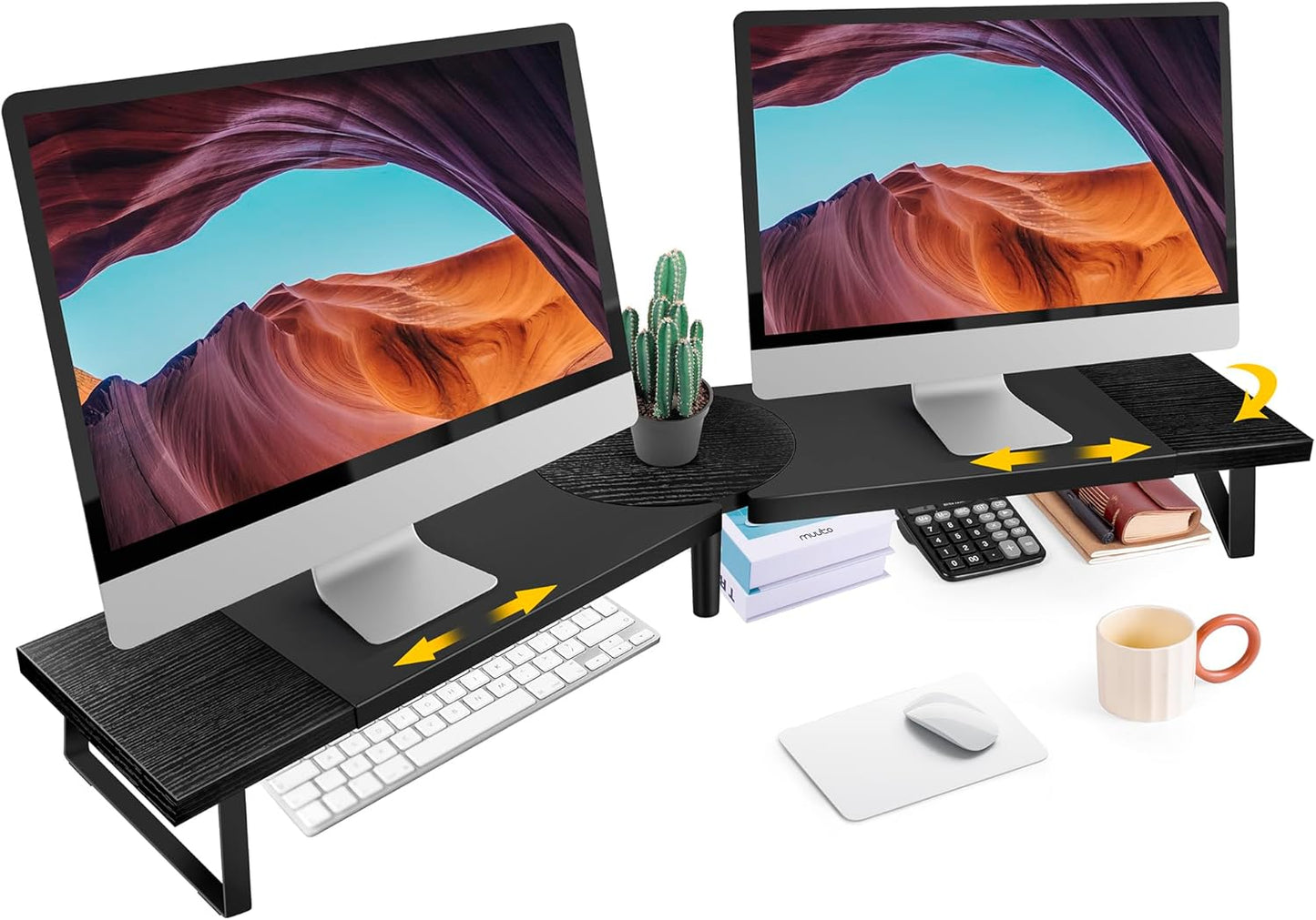 Across-Star Dual-Monitor-Stand-Riser-For-Desk Adjustable Length 32-40 Inch，Large Desktop Computer Monitor Riser For 2 Screens，Desk Shelf Organizer Riser Stand For Computer/Laptop/PC/Printer/TV Black