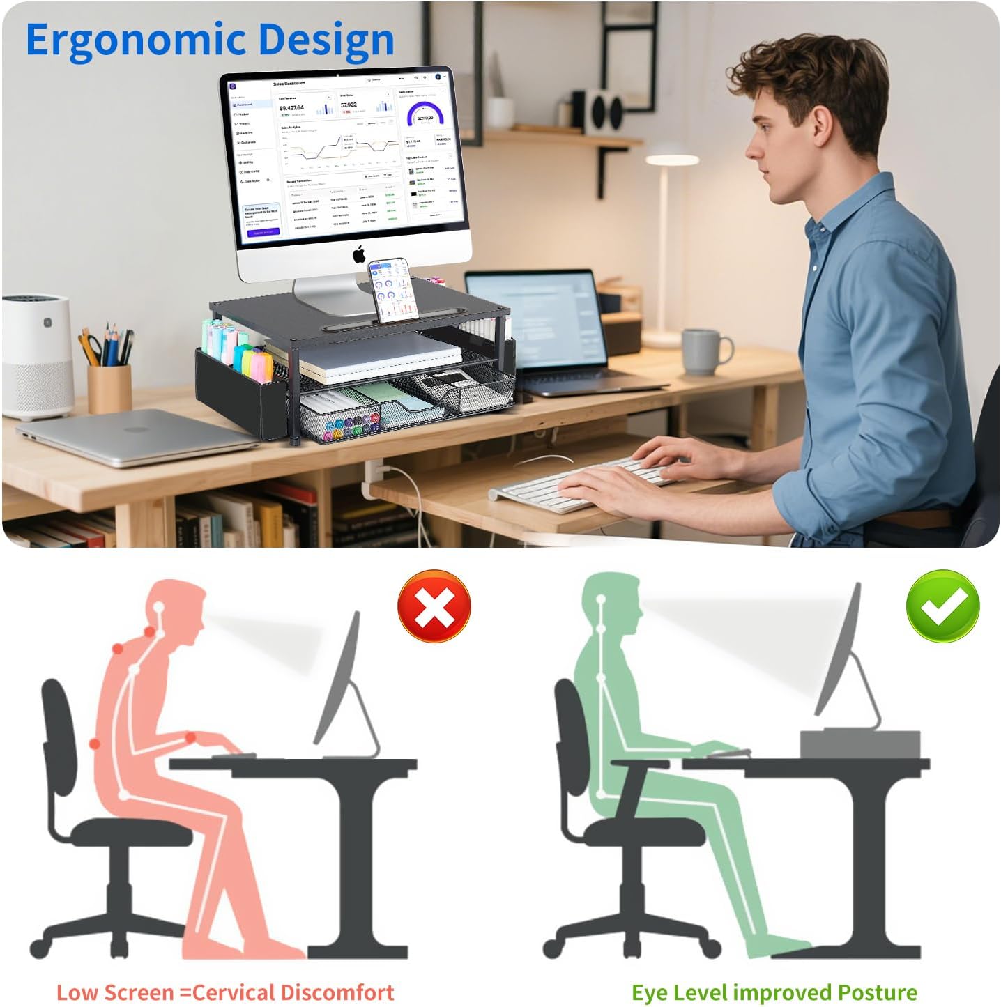 AUPSEN Wood Desk Organizers and Accessories, 2-Tier Computer Monitor Stand Riser with Drawer, Pen Storage & Phone Holder, Office Desk Accessories, Workspace Desktop Organization for Office Supplies（Brown）