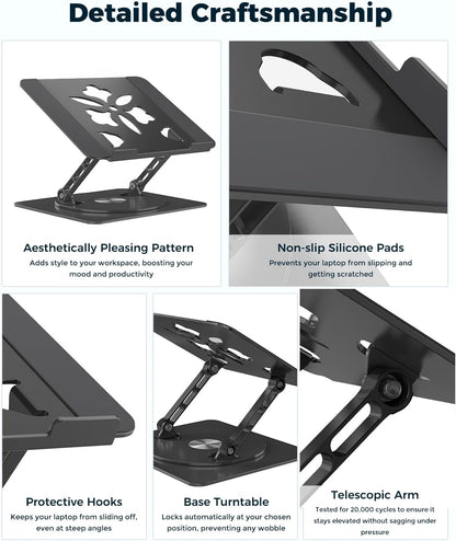 Aoviho 360° Rotating Laptop Stand for Desk | Adjustable, Foldable, Portable Aluminum Ergonomic Riser | Compatible with MacBook, Dell, HP & All Laptops 10-16 inch | Gray