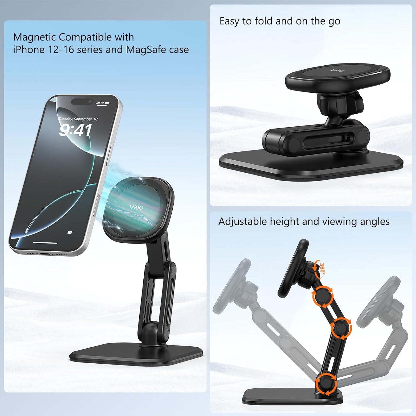 VRIG Magnetic Phone Stand for Desk,Adjustable Foldable & Portable MagStand with Angle Adjustment Cell Phone Holder for iPhone 17 16 15 14 13 12 Pro Max & MagSafe Case