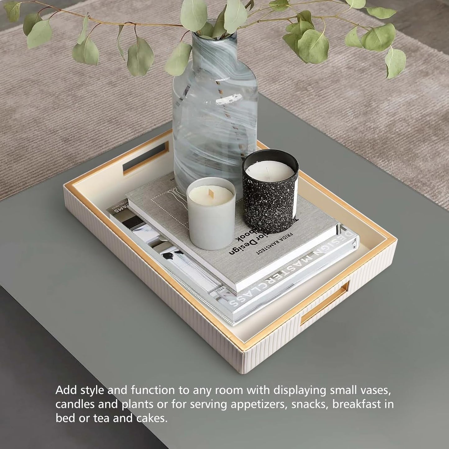 SANZIE Leather Tray Desktop Storage Organizer Premium Serving Tray Decorative Tray Valet Tray for Sundries Cosmetics Phone Wallet Cutlery (Black Holder)