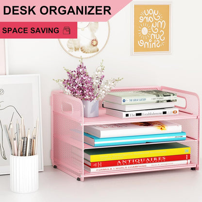 3 Tier Paper Letter Tray Organizer for Desk, Mesh File Folder Document Organizer with Handle for Home Office Supplies Desktop Accessories, Black