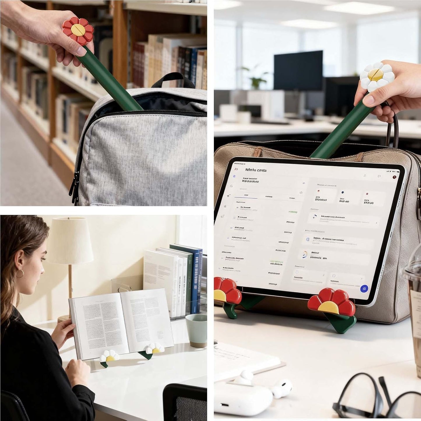 Floral Book Stand for Reading - Adjustable Foldable Desktop Holder for Tablets, Magazines, Cookbooks, Hands-Free Display at Home Office (White)