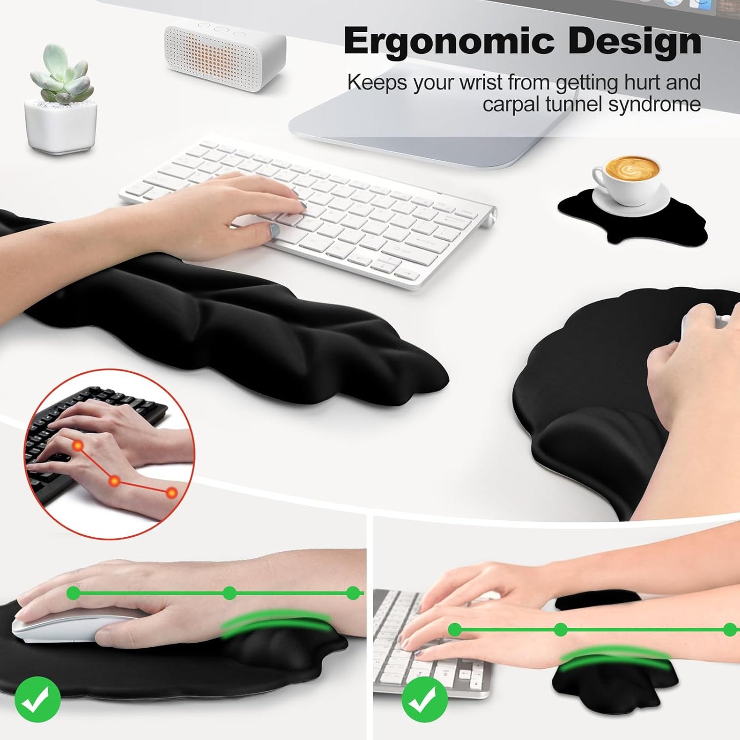 Keyboard Wrist Rest and Mouse Pad with Wrist Support Set, Ergonomic Leaf Shape Mouse Pad with Non-Slip Base, Pain Relief Memory Foam Mousepad for Computer,Laptop,Home Office, Green