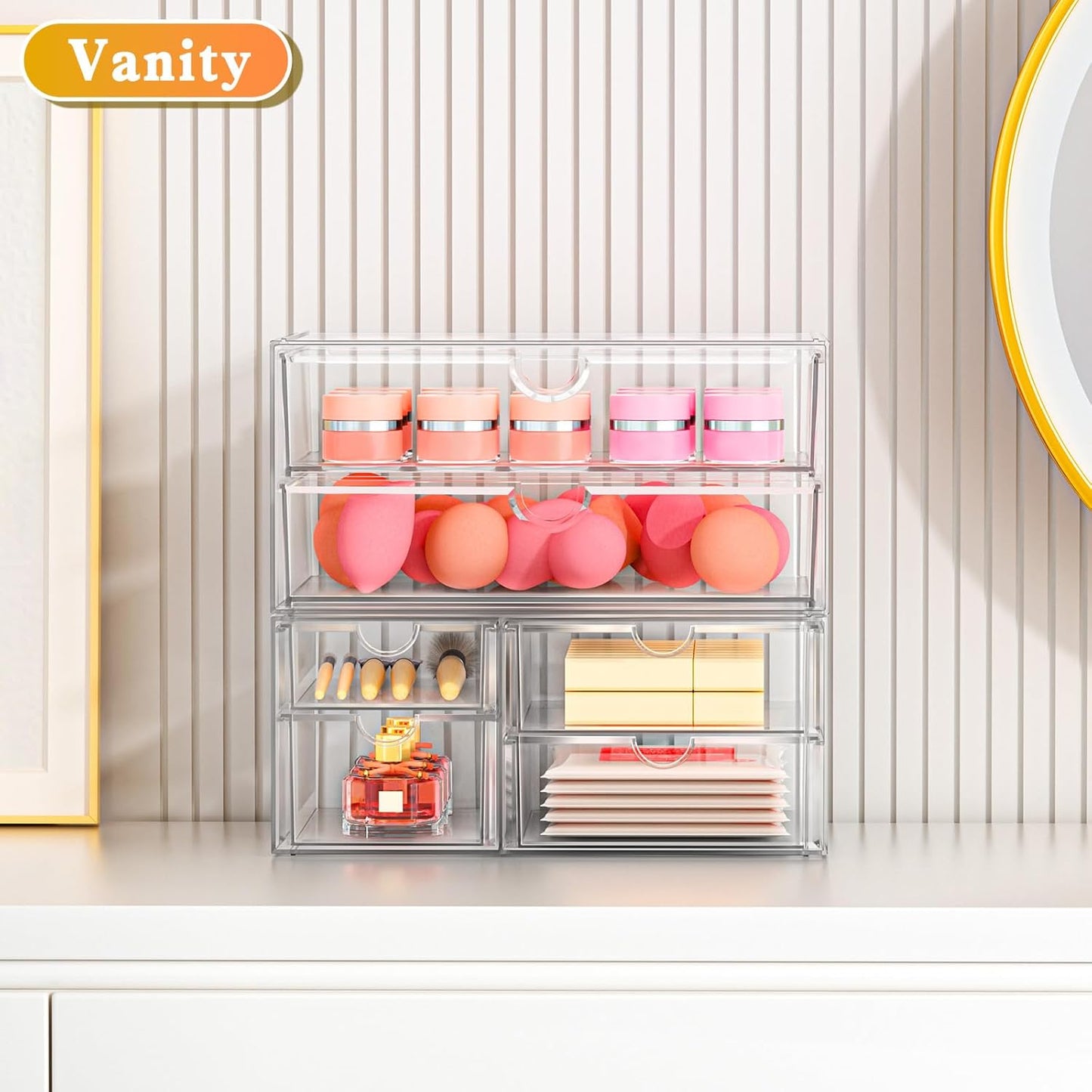 ARSTPEOE Makeup Acrylic Organizer with 17 Drawers(4 Sets), Desk Organizers and Accessories, Clear Makeup Organizer, Dustproof Storage Drawers for Office Art Craft Supplies