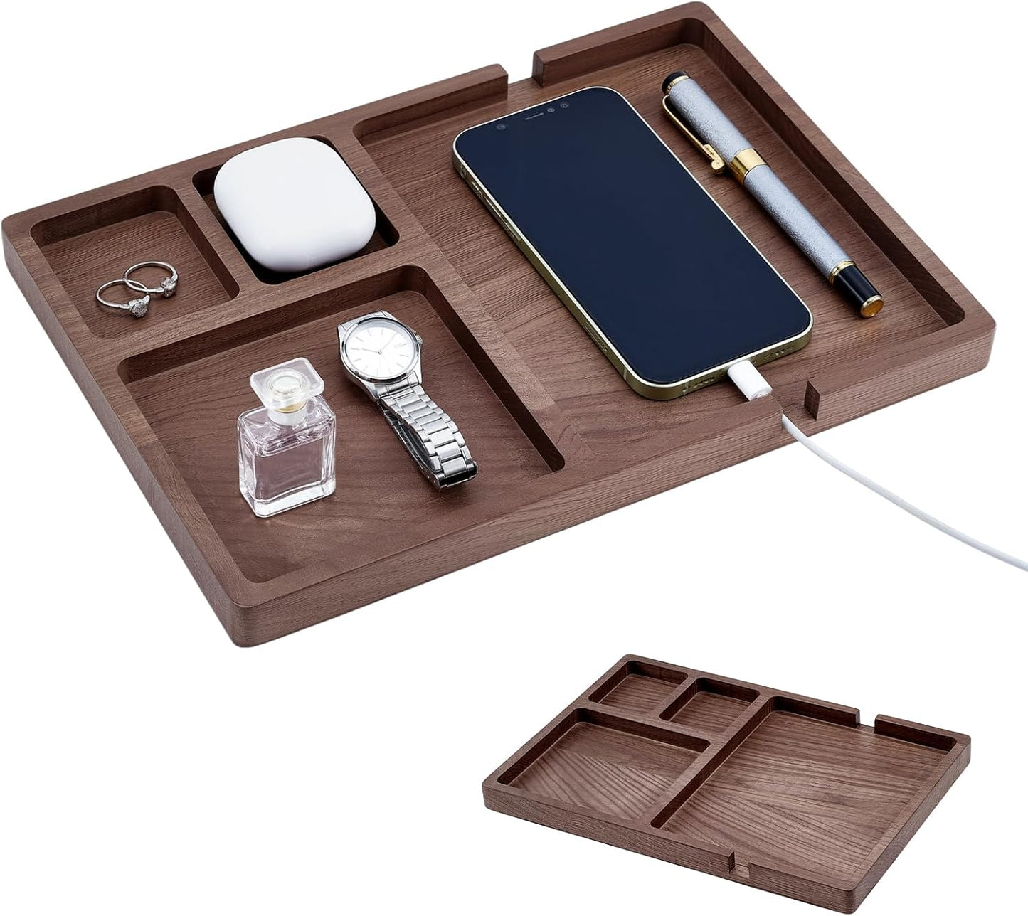 4 Piece Wooden Desk Organizer Tray With Pen Holder, Walnut Wood Pencil Holder, Minimalist Desk Accessories, Mens Valet Tray Office Supplies, Stationery Pen Key Wallet Catchall Trays