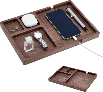 4 Piece Wooden Desk Organizer Tray With Pen Holder, Walnut Wood Pencil Holder, Minimalist Desk Accessories, Mens Valet Tray Office Supplies, Stationery Pen Key Wallet Catchall Trays