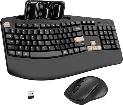 Wireless Keyboard and Mouse Combo, 2.4G Full Size Wave Keys Ergonomic Keyboard with Wrist Rest, Phone Holder, 3-Level DPI Wireless Silent Mouse with 6-Buttons, for Windows, Mac OS, Laptop, PC (Black)