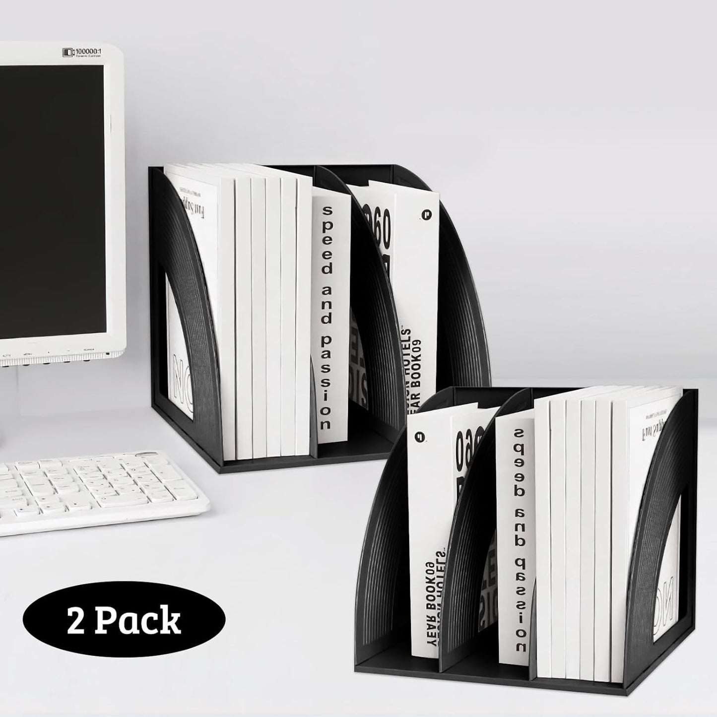 SAYEEC Magazine Holder Sturdy Binder Holder Desk File Sorter Plastic File Folder Organizer Stand Book Shelf Dividers Vertical Storage Rack Desktop Bookshelf Display Box for Office School Home (Black)