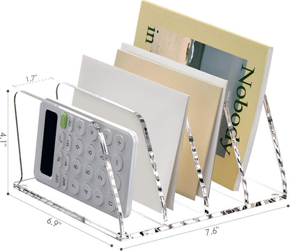 SANRUI 5 Compartments Acrylic Mail Sorter Holder, Clear Document Magazine Envelope File Rack, Vertical Letter Sorter & Multifunction Desk Organizer for Bills, Documents, Notebooks