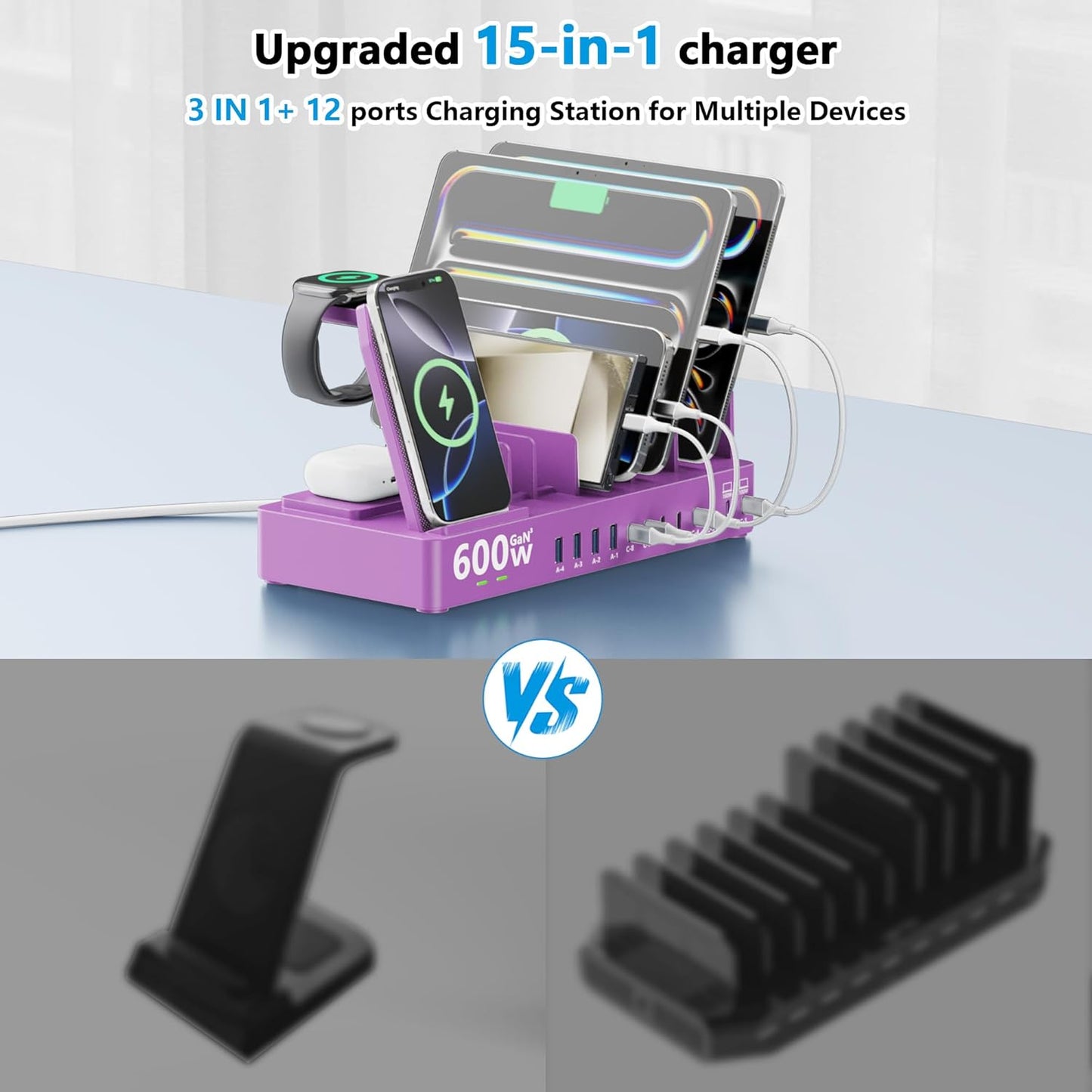 600w Charging Station for Multiple Devices, 15 in 1 Wireless Charging Station for Apple, Dual 100w USB C Tablet Charging Station for MacBook,iPhone,iPad,Tablet(Black)