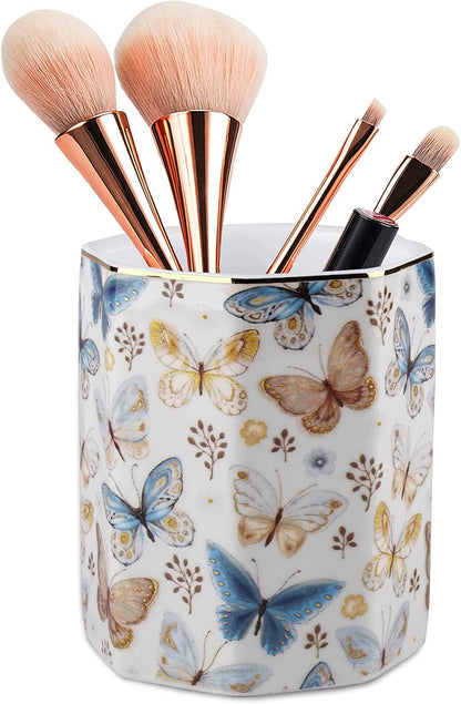 Jwest Pen Holder, Makeup Brush Holder Ceramic Shiny Gold Leopard Cheetah Pattern Animal Pencil Cup for Girls Women Durable Stand Desk Organizer Storage Gift for Office, Classroom, Home Light Brown