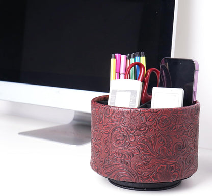 lizimandu Round Leather Art Supply Organizer,Remote Control Holder,360 Degree Spinning,Multi-Functional Pencil Holder,4 Compartments Desktop Stationary Organizer(1-Gold) - Colors A