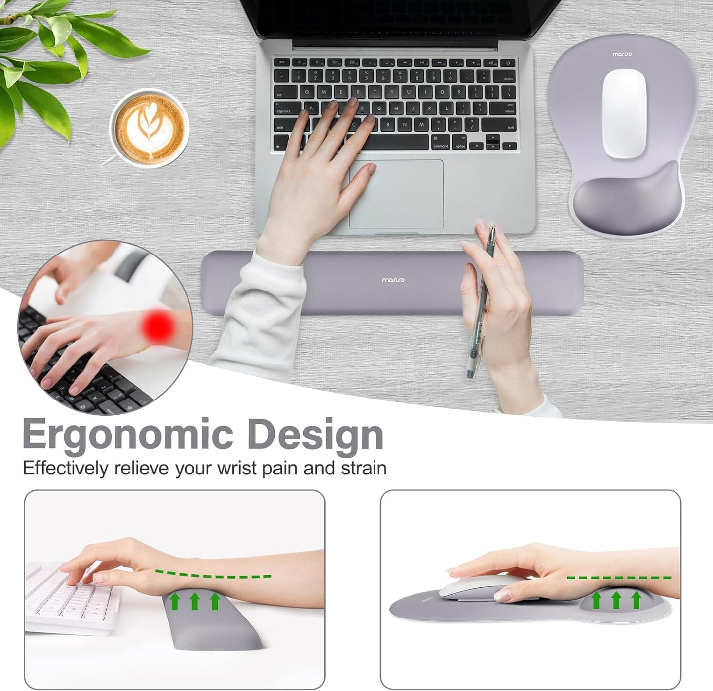 MOSISO Wrist Rest Support for Mouse Pad&Keyboard Set, Ergonomic Mousepad with Concave Curved Memory Foam, Non-Slip Base Pain Relief Comfortable Rectangular Easy Typing Pad for Home/Office, Brown