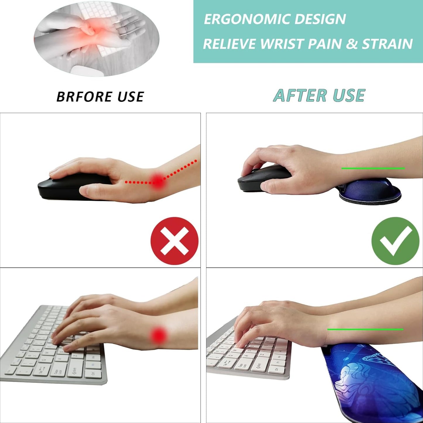 Keyboard Wrist Rest Mouse Wrist Support Set, Memory Foam Wrist Rest Pad for Computer Laptop Keyboard Mouse, Ergonomic Wrist Cushion Support for Typing Pain Relief, Gaming Home Office, Purple