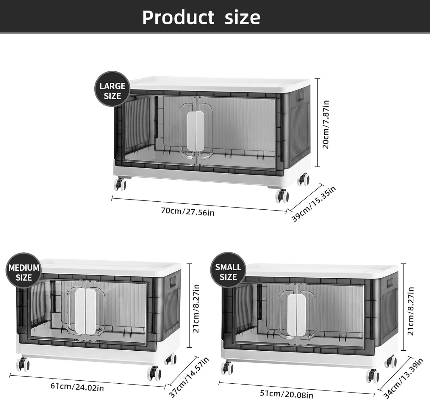 Folding Storage Organizer with Silent casters | Stackable Design for Home & Office, Heavy-Duty Plastic Storage Bin with Clear Door, 3 Sizes (19.5/23.5/27.5in),Black/White (23.6" 1 layer, White)