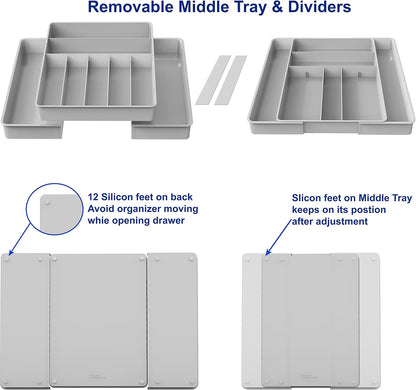 Simple Houseware Expandable & Adjustable Cutlery Drawer Organizer - Large Utensil and Flatware Tray for Kitchen Drawers, White