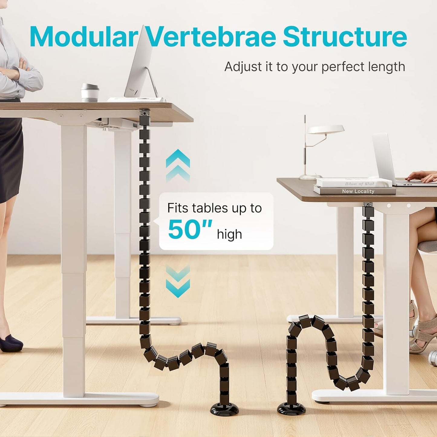 PEGZONE Under Desk Cable Management Spine – Flexible Cable Snake Organizer for Standing Desk, Tool-Free Magnetic Vertebrae Wire Management for 0.4"-2" Table, White