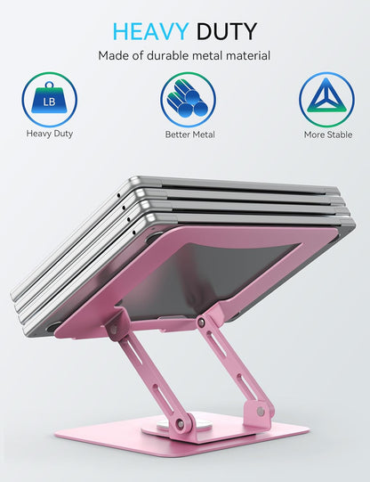 SOUNDANCE 360 Rotating Laptop Stand, Ergonomic Computer Riser for Desk, Adjustable Height Multi-Angle Metal Holder, Foldable Portable Notebook Elevating Base for Office & Home, Silver Grey