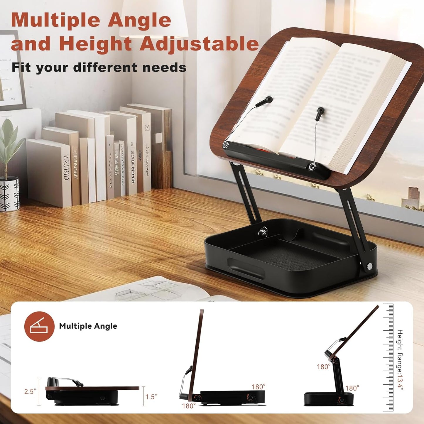 Book Stand for Reading Hands Free, 360° Rotating & Foldable Book Holder Stand for Desk with Storage Box, Carbon Steel Cookbook Recipe Book Holder for Kitchen, Office, Bible Study (White)
