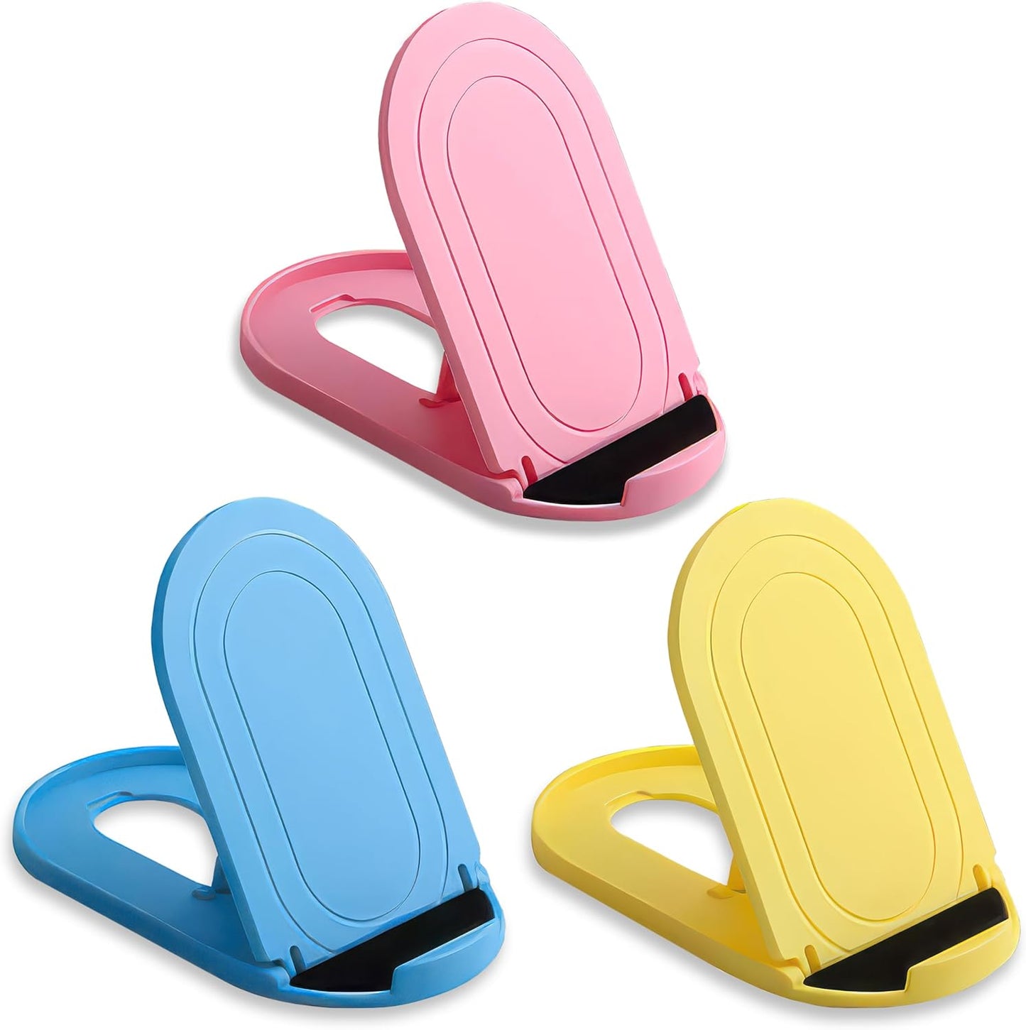 3 Pack Portable Cell Phone Stand Holder for Desk, Foldable Pocket-Sized Mount, Adjustable Multi Angle Stand for iPhone 16 15 14 13 Pro Max, 4-10”iPad Smartphone, Pink & Blue & Yellow