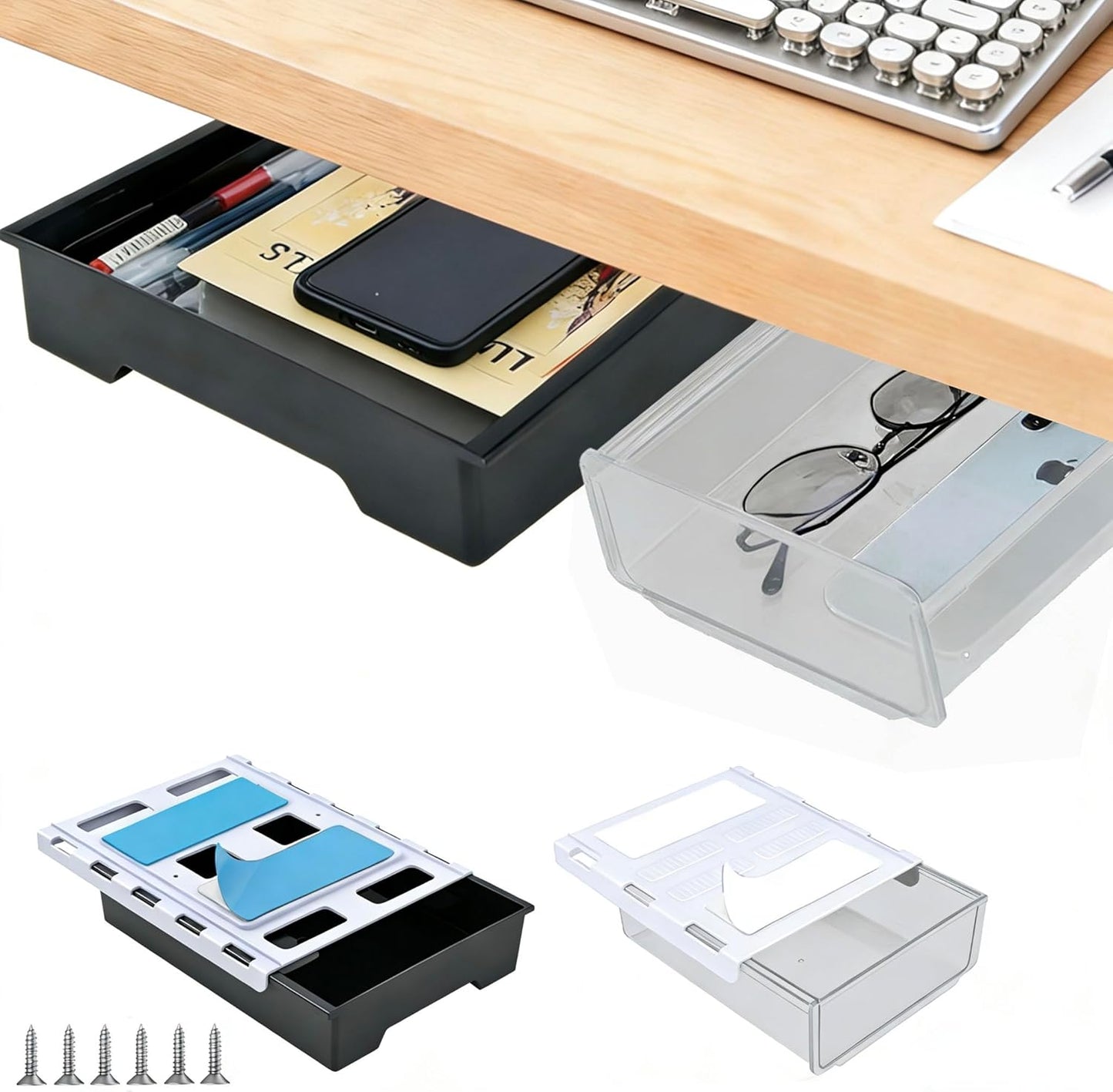 Upgraded Super Capacity 11.85 "x 8.9" Under Desk Drawer Hidden Strorage Drawer Self-Adhesive Slide Out with Smooth Gliding Motion - Attachable & Space-Saving Under Desk Organizer with Screw Kit, Black
