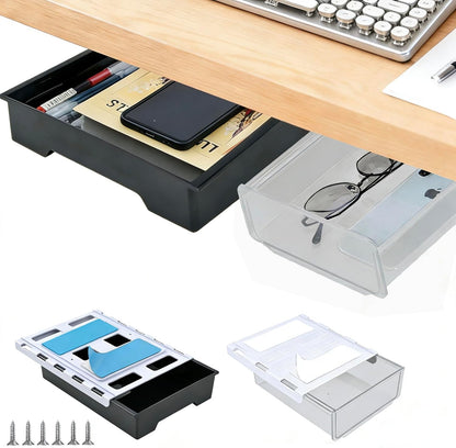 Under Desk Drawer Organizer, Self Adhesive Hidden Drawer Storage, Slide Out Desk Organizer, Space Saving Pencil & Accessories Organizer, Under Table Storage for Home Office & School, Black