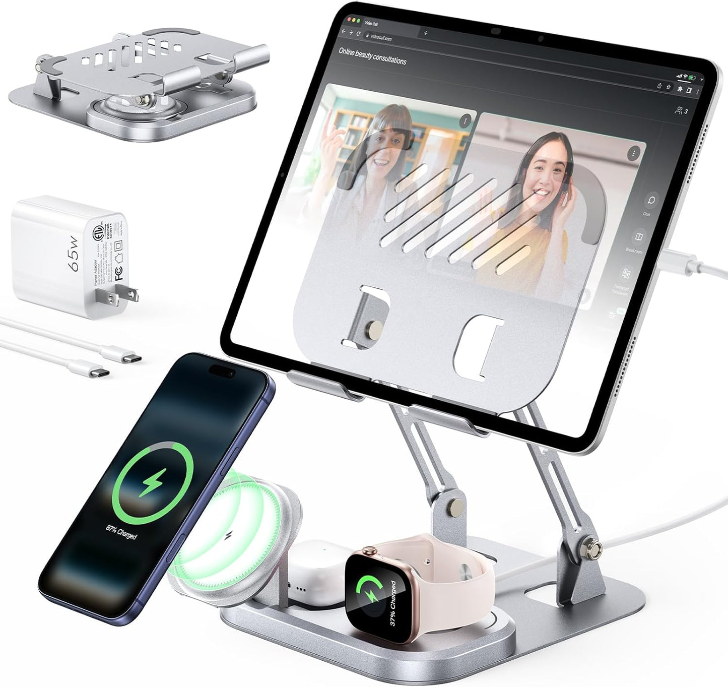 65W 5 in 1 Charging Station for Apple Multiple Devices, with 30W Fast Wired Charging Stand for iPad/Tab, Foldable Wireless Charger Design for Magsafe Charger for iPhone 17 16/Apple Watch/AirPods4