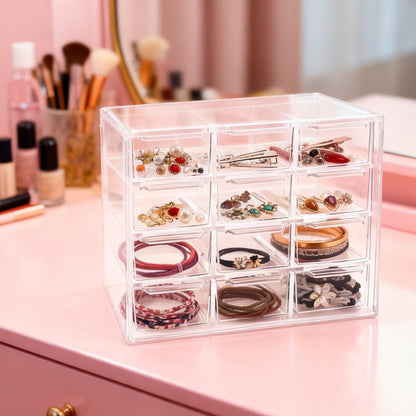 2 Pack Mini Desk Organizer with 12 Removable Drawers - Clear Plastic Desktop Storage Box for DIY Crafts, Art Supplies, Office Essentials, Cosmetics & Jewelry