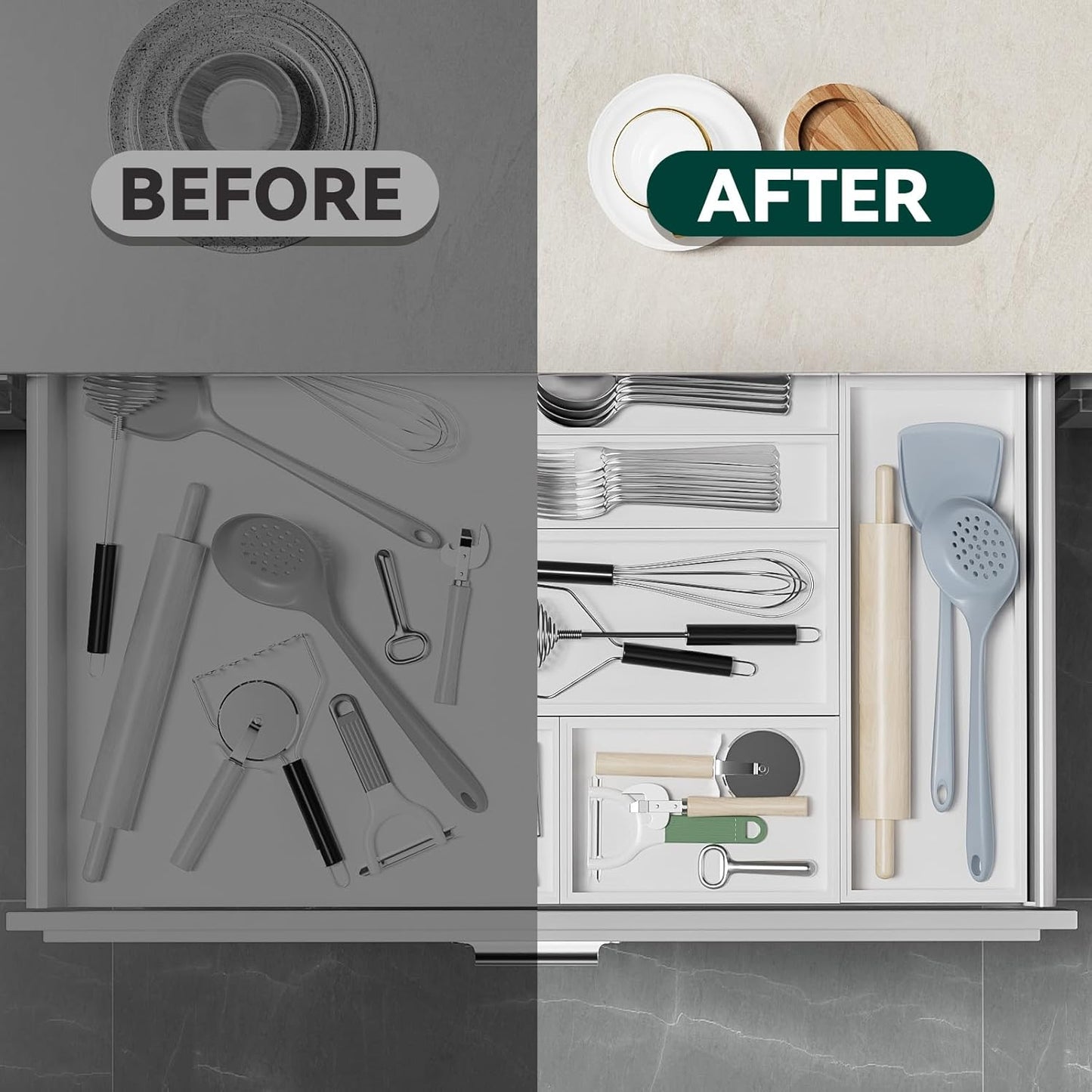 Lixple Bamboo Drawer Organizer, Cutlery Silverware Organizer for Kitchen Drawer, Stackable Utensil Organizer, 2 Pcs Flatware Organizer for Drawer, Wooden Storage Box Tray (Bamboo, 9 X 6 X 2 Inch)