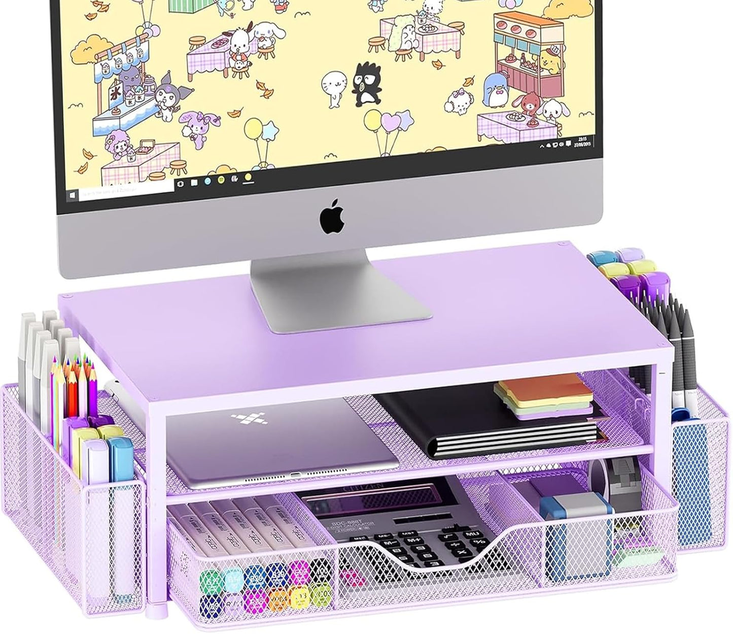OPNICE Desk Organizer and Accessories, 2-Tier Computer Monitor Stand Riser with Drawer and 2 Pen Holders, Laptop Stand, Office Desk Accessories for Office Supplies, Black