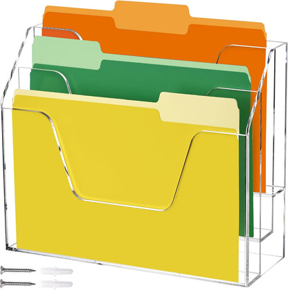 Wall Hanging File Folder Organizer for Desk, 3-Tier Acrylic Magazine Rack Wall Mount File Holder, Clear Paper Document Office Organizer - 1 Pack