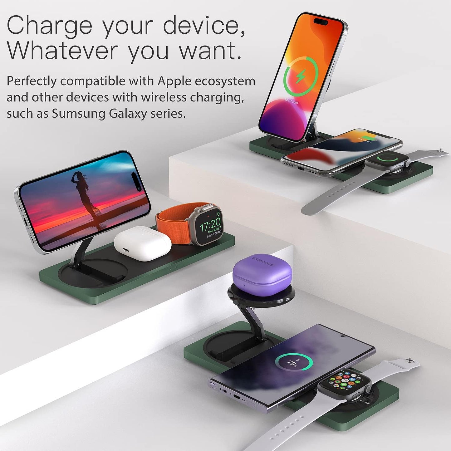 3-in-1 Charging Station for Apple Devices: Used for iPhone and Watch Charging Station with Magsafe Charger Stand, Wireless Charger for iPhone 17 Air 16 15 14 13 Series, Apple Watch Ultra, AirPods Pro