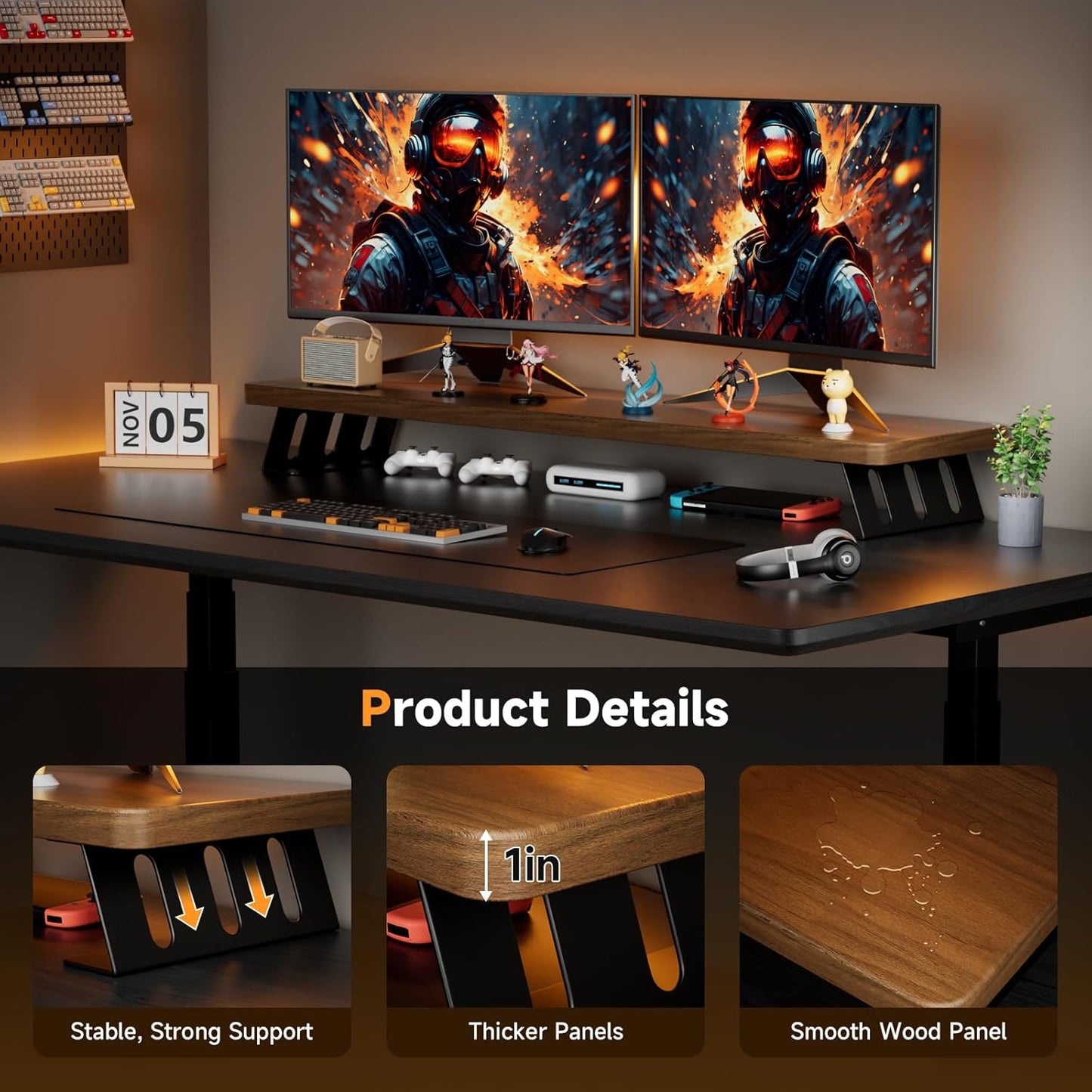 Monitor Stand Riser, 39 Inch Large Wood Monitor Stands for 2 Monitors