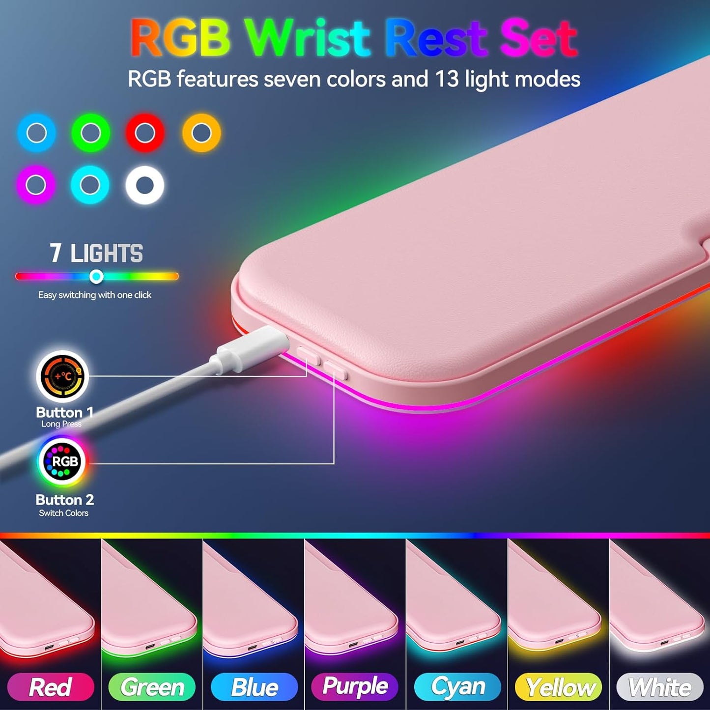 2-in-1 Heated Wrist Rest Set, Ergonomic Memory Wrist Pad with RGB Lights and Non-Slip Base, Keyboard Mouse Wrist Rest for Computer Laptop Office Work and PC Gaming