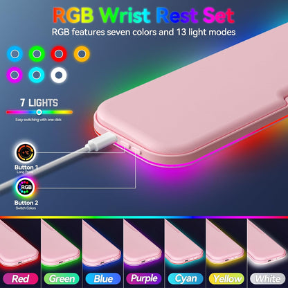 2-in-1 Heated Wrist Rest Set, Ergonomic Memory Wrist Pad with RGB Lights and Non-Slip Base, Keyboard Mouse Wrist Rest for Computer Laptop Office Work and PC Gaming