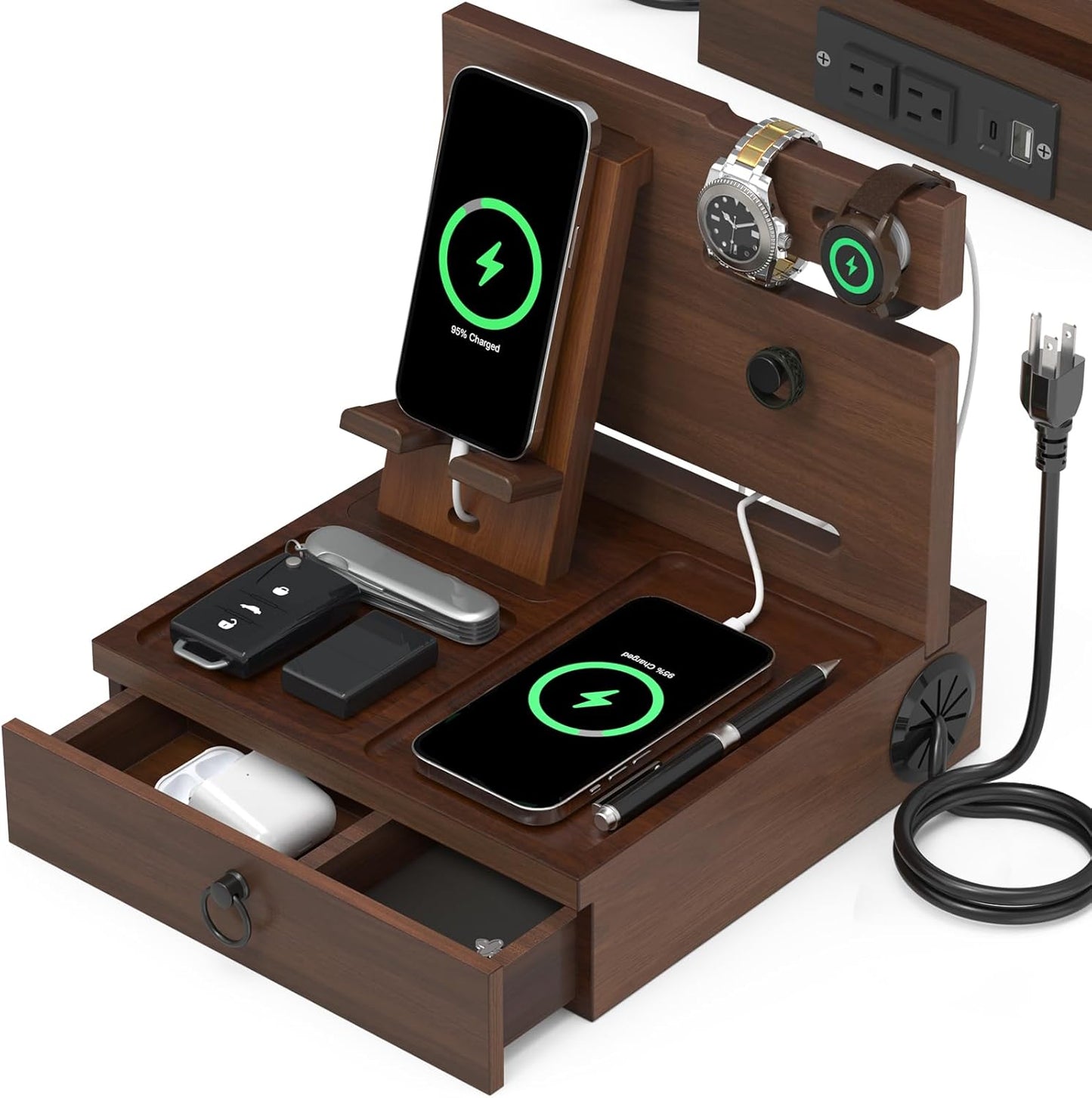 Wood Phone Docking Station with USB Ports and Outlets, Nightstand Organizer with Charging Station, Bedside Organizer with Drawer for Watch & Accessories, Christmas Anniversary Birthday Gifts for Men