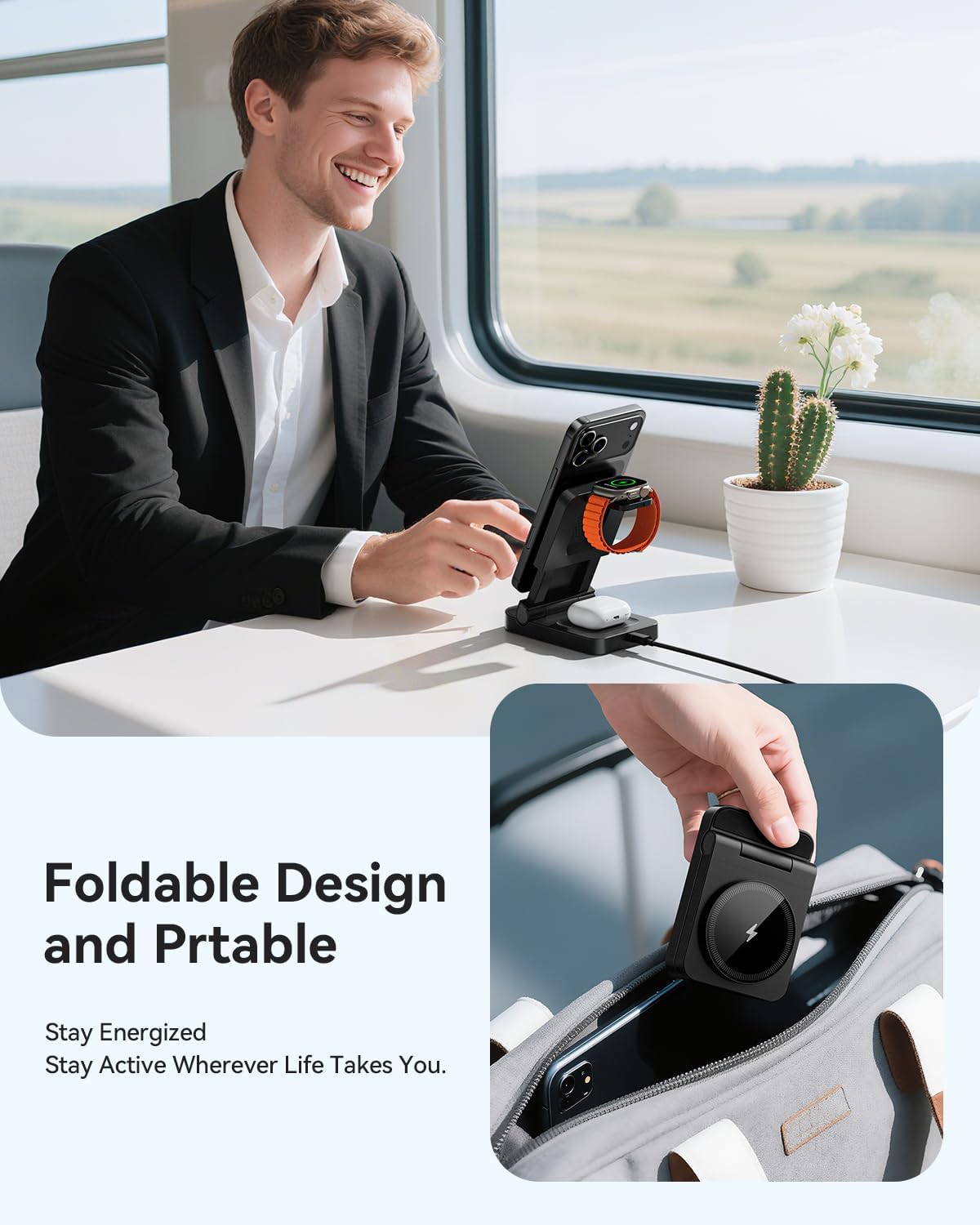 3-in-1 Foldable & Retractable Magnetic Wireless Charger, 15W Fast Charging Station, Portable Fast Charging Stand, Charging for iPhone 17/16/15/14/13/12, Apple Watch, AirPods (Black)