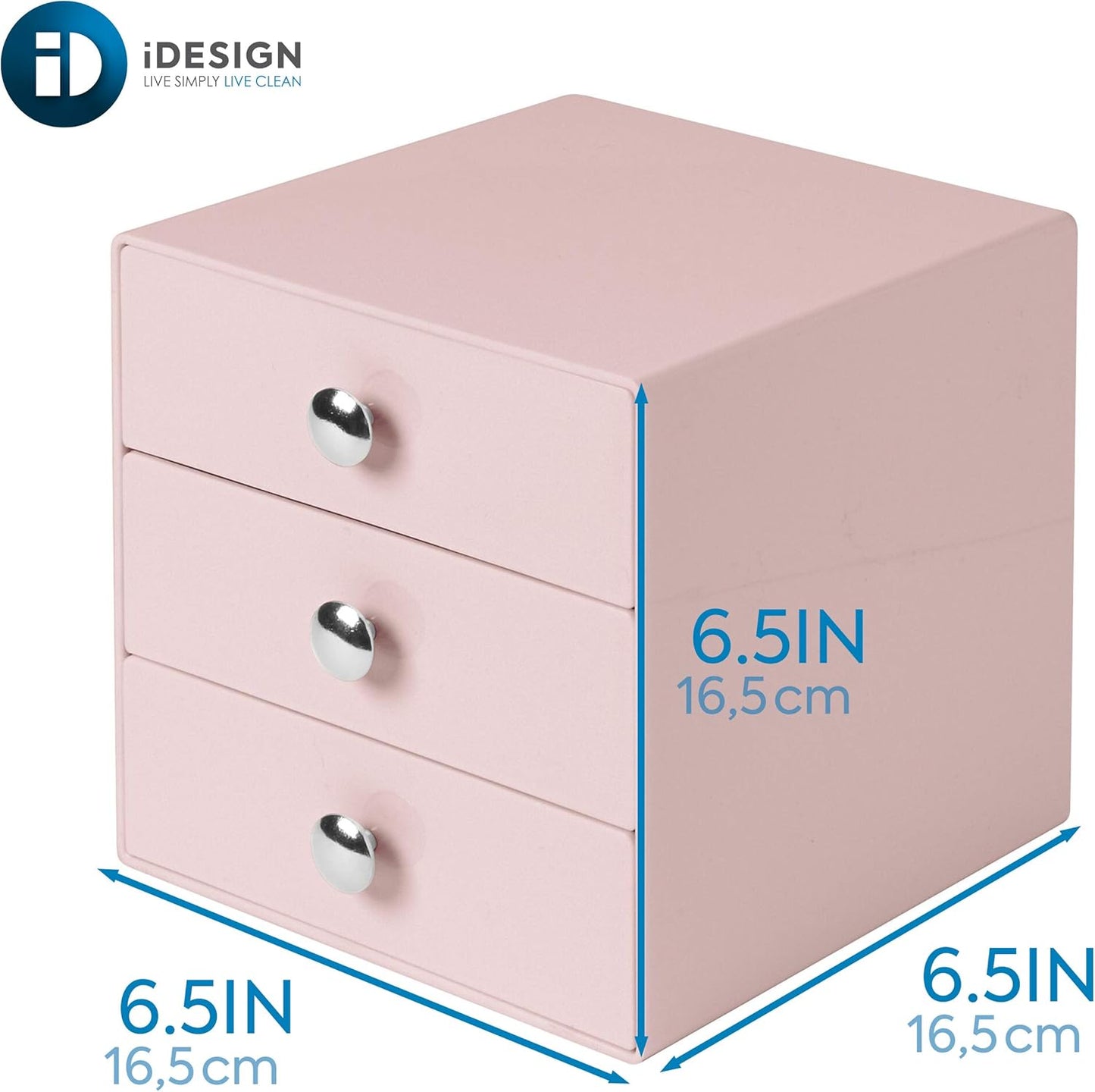 iDesign 3-Drawer Plastic Vanity Organizer, Compact Storage Organization Drawers Set for Cosmetics, Dental Supplies, Hair Care, Bathroom, Dorm, Desk, Countertop, Office, 6.5" x 6.5" x 6.5", White