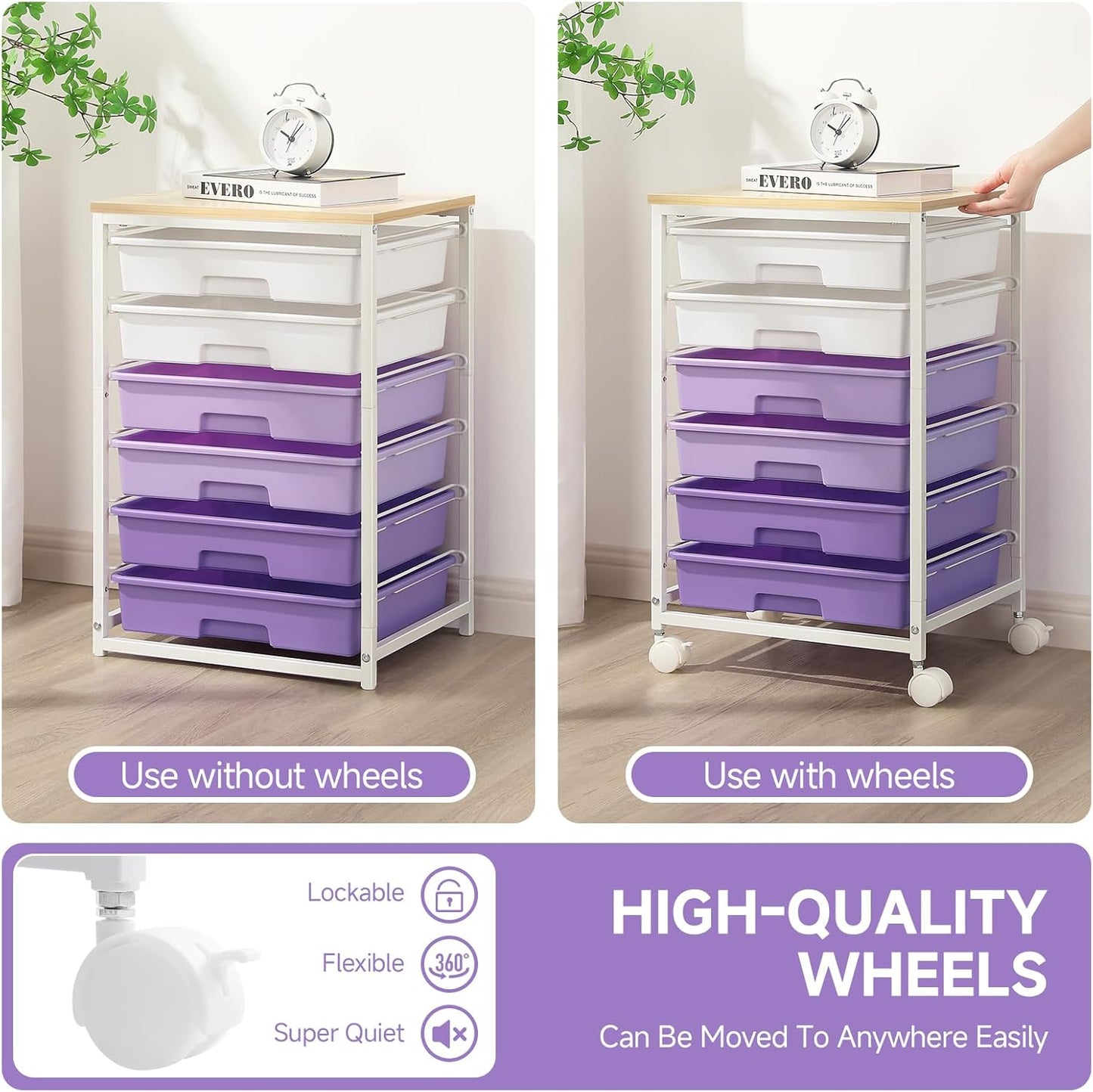 SYKIARIOL Rolling Storage Utility Cart with 6 Drawers and Wooden Tabletop for Under Desk Storage,White