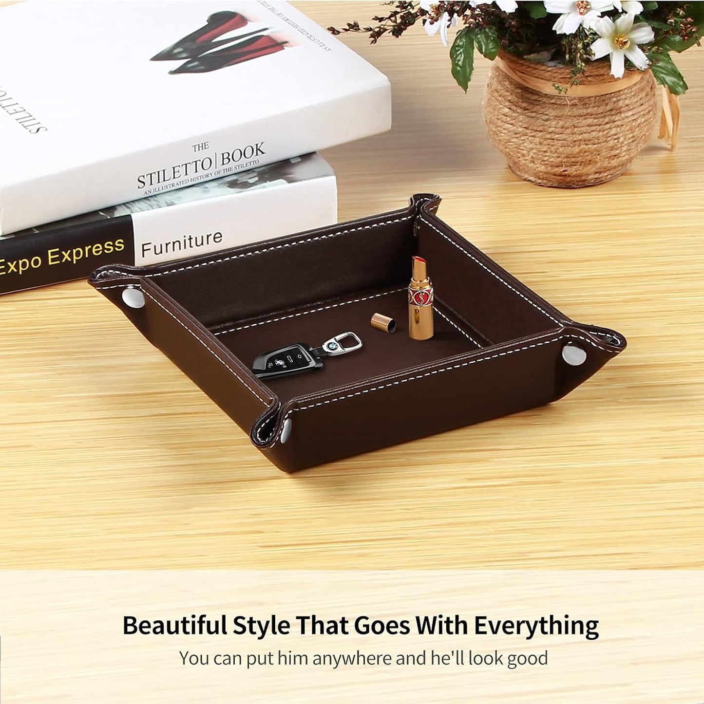 YAPISHI Key Dish Bowl for Men, Entryway Catchall Holder Bedside Table Valet Tray for Pocket Stuff, PU Leather Nightstand Organizer for Dice/Coins/Wallet/Watch/Rings/Sunglasses, Dresser/Coffee Table