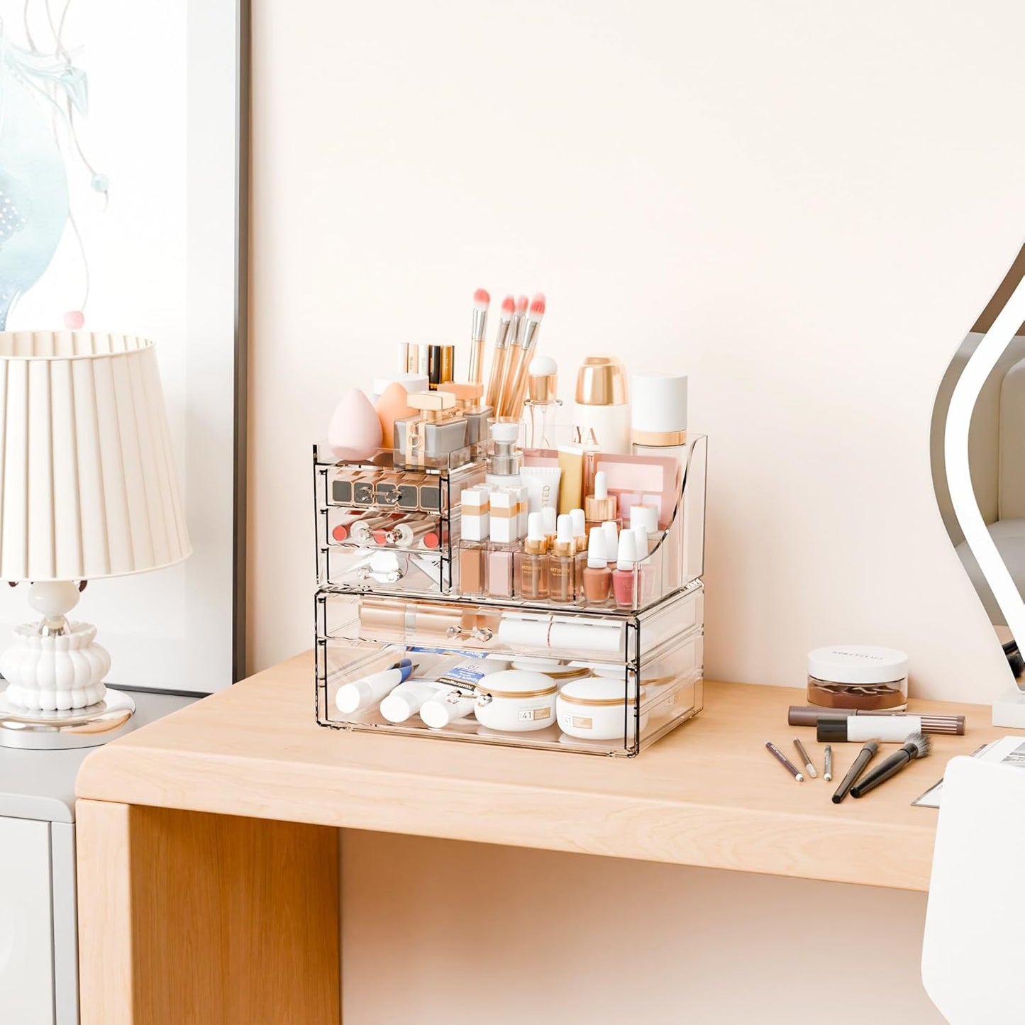 Yieach 3 Pack Clear Makeup Organizer Countertop for Dresser,Vanity and Bathroom Counter Organizer,Tiered Stackable Makeup Acrylic Organizers with 9 Drawer for Skincare,Brush and Make up Holders